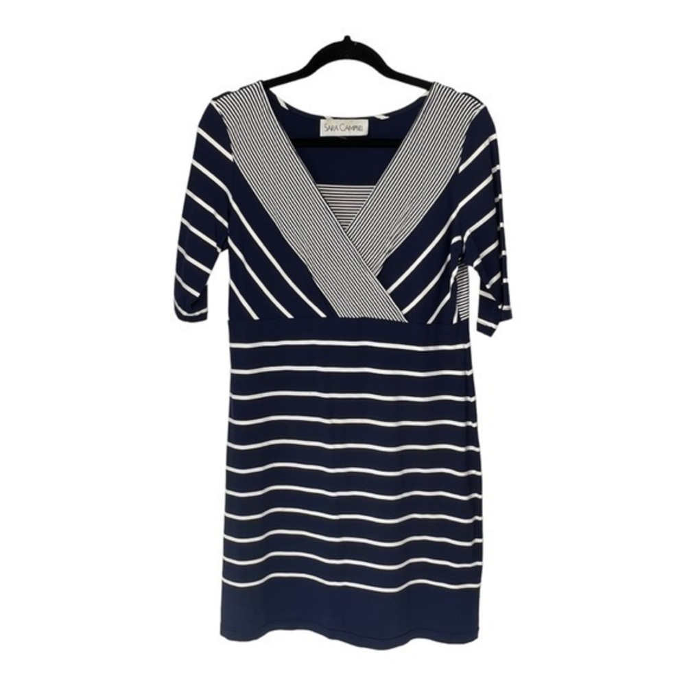 Sara‎ Campbell Navy Blue Striped Surplice V-Neck A-Line Dress Size M